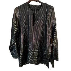 Zara Women’s Top Black Gold Tunic Long Sleeves V-Neck Oversized Lightweight Sz L